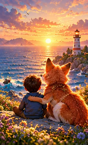 A child and Lupa sitting side by side on a rock, looking out at the sunset over the sea and a lighthouse.