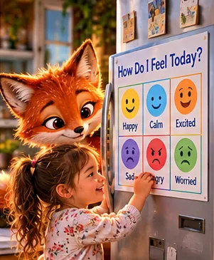 A girl pointing at a How Do I Feel Today chart on the fridge while Lupa watches.