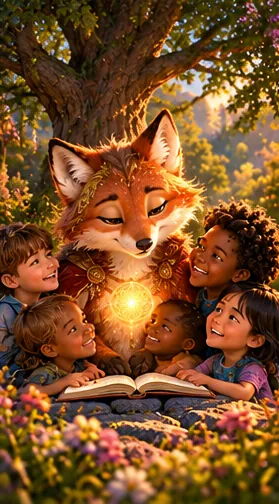 Lupa reading a book with a circle of smiling children under a tree.